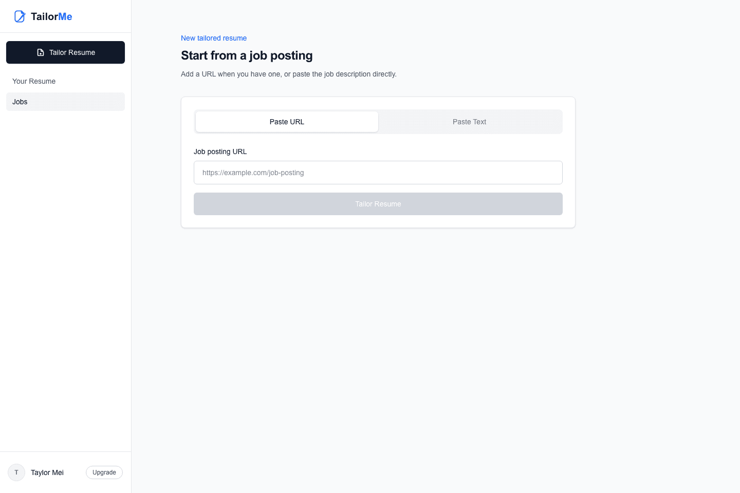 TailorMe job posting input screen with URL and paste options