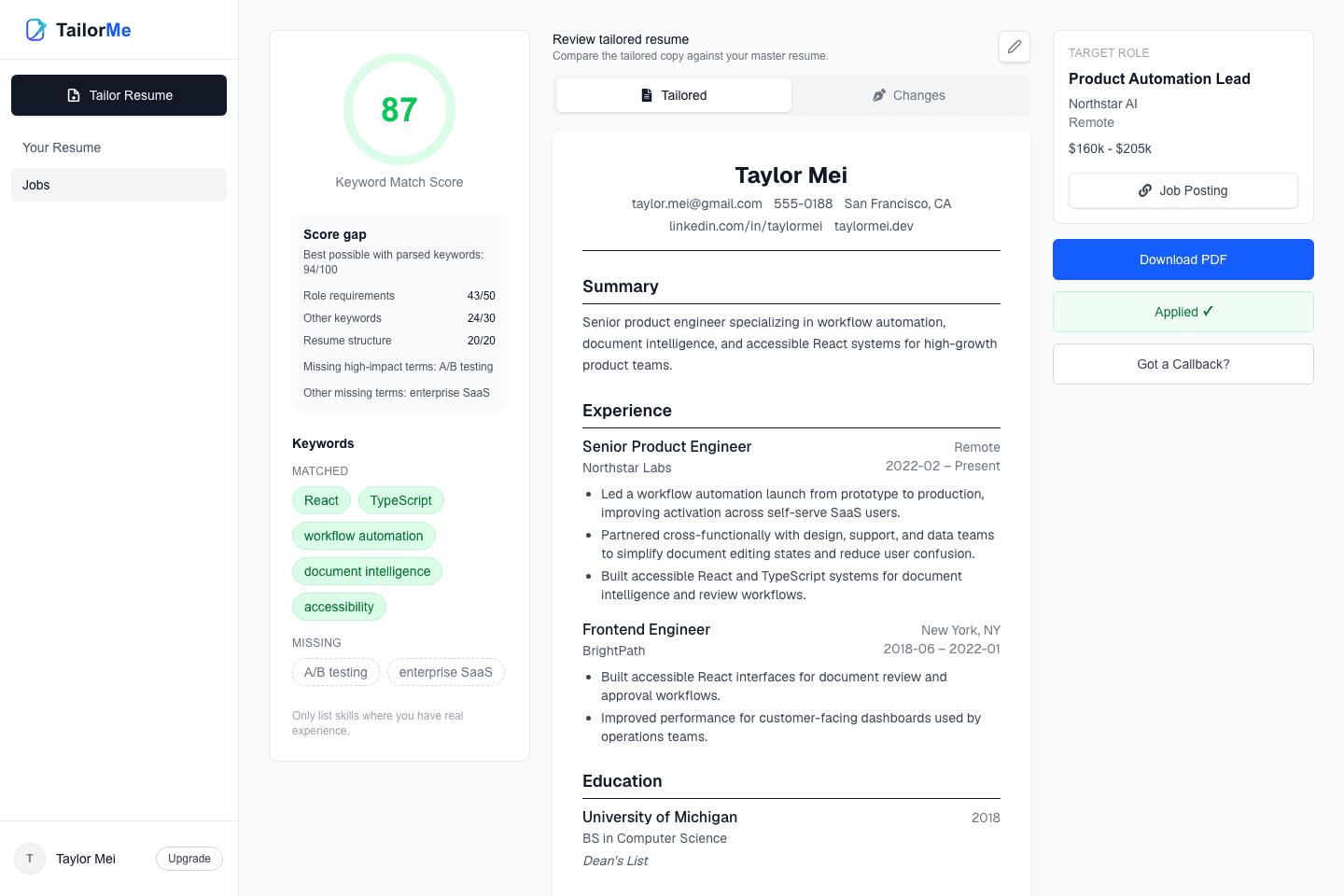 TailorMe tailored resume result showing a match score, keyword analysis, and resume preview