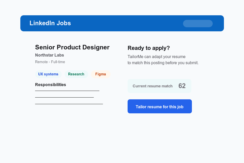Animated demo showing a LinkedIn job application page, TailorMe tailoring a resume, and a final tailored resume with a high match score